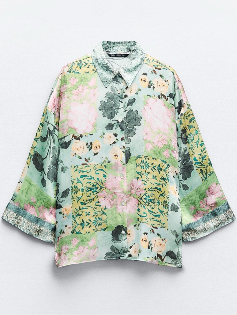 Zara Mint Green Floral Patchwork Button-Up with Pink Accent, Size L